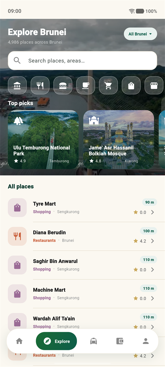 Explore tab listing thousands of places across Brunei