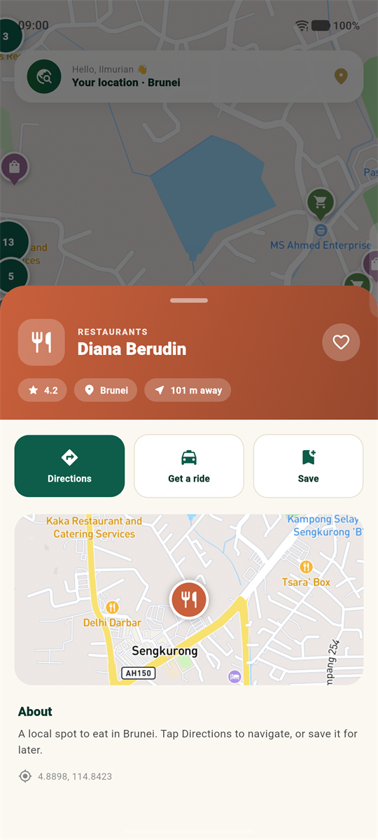 Place detail with directions and one-tap ride