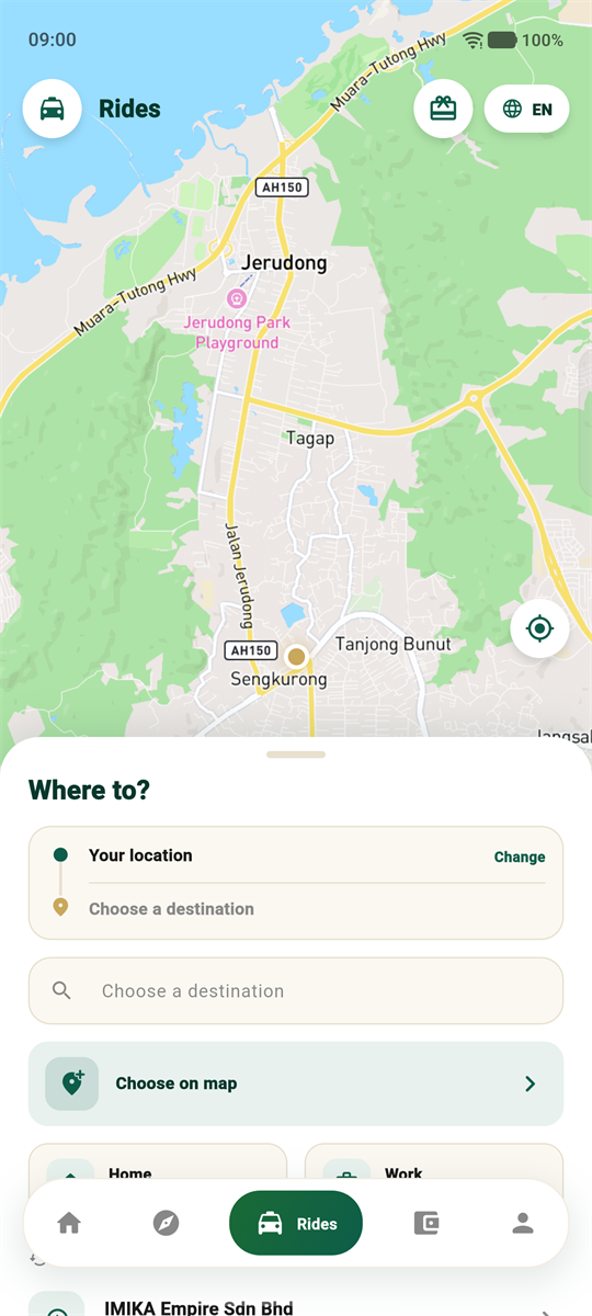 Where to? ride-booking screen with saved places