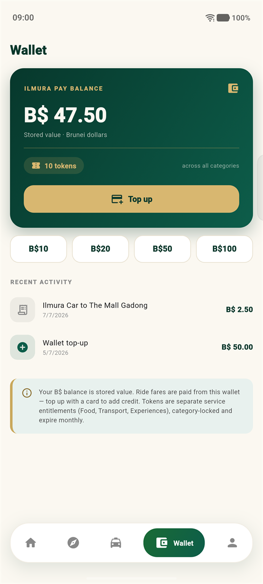 Ilmura Pay wallet with balance and service tokens